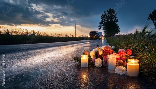 memorial tribute at roadside with flowers and candles during a rainy evening day remembrance victims road accidents photo