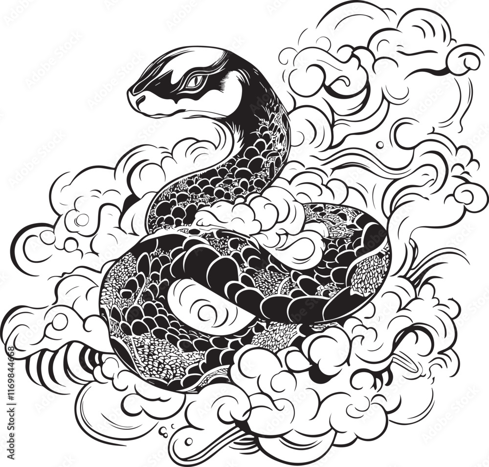 Naklejka premium A painting in vector of the twelve zodiac snake drawn in black lines, this is a tattoo design surrounded by clouds and water. Elegant composition in a clip art style , isolated on a white background