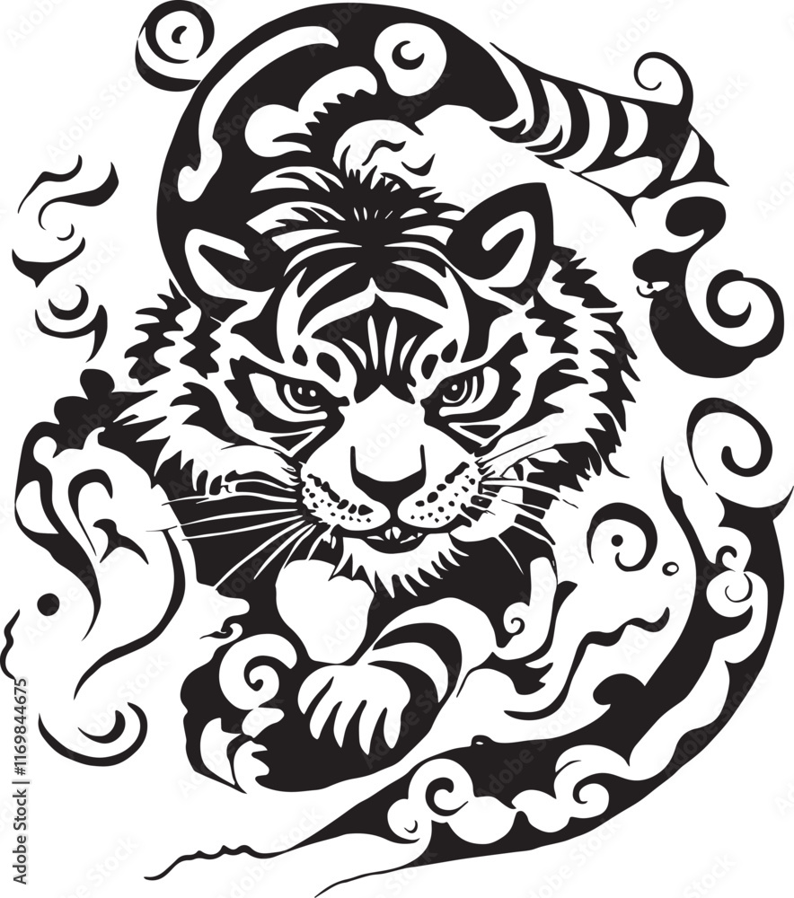 Fototapeta premium A painting in vector of the twelve zodiac tiger drawn in black lines, this is a tattoo design surrounded by clouds and water. Elegant composition in a clip art style , isolated on a white background.