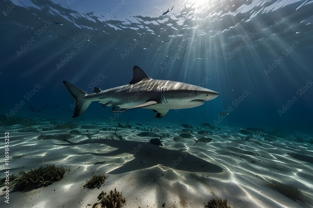 Fototapeta premium Dangerous tiger shark in the deep blue of Indian Ocean near Maldives landscape under the sun Generative AI