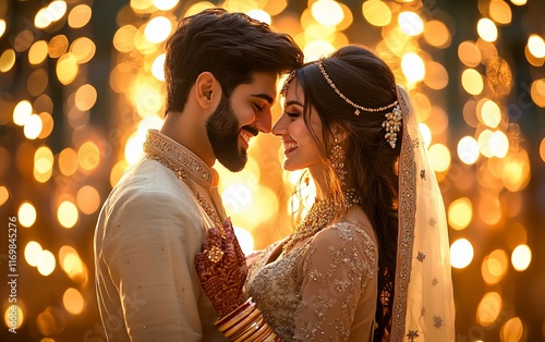 Romantic couple embraces, golden bokeh background.