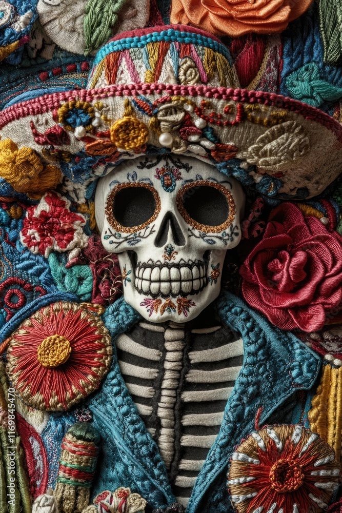 Naklejka premium Colorful skeleton is wearing a hat and a blue jacket. The skull is surrounded by flowers and other decorations
