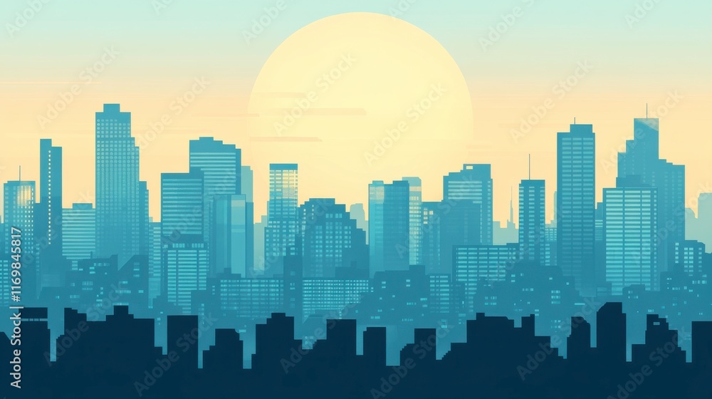 Naklejka premium Abstract City Skyline at Sunrise with Haze