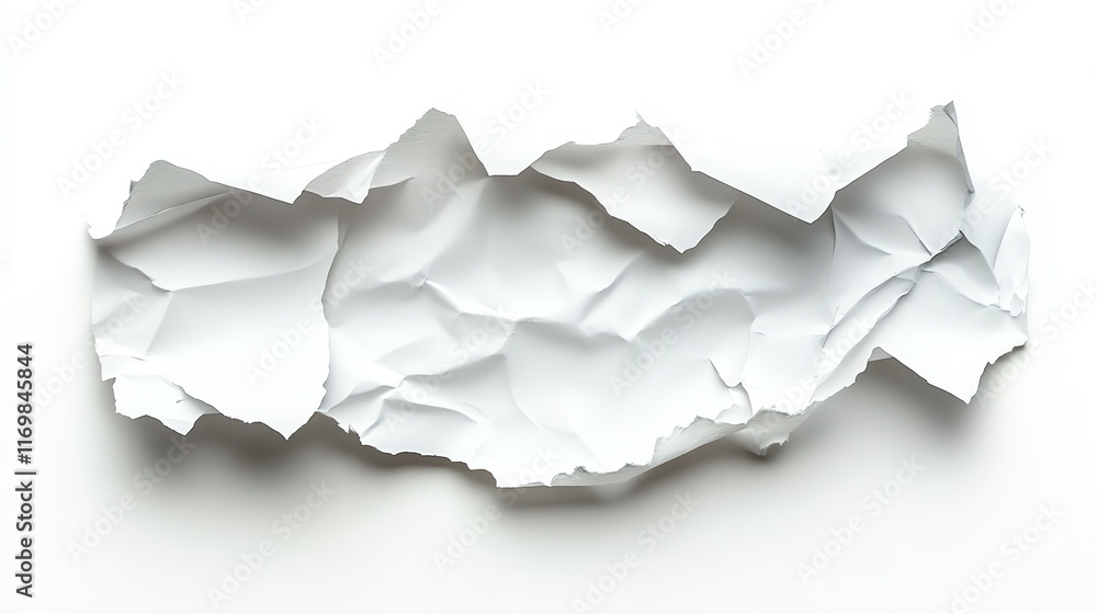 A crumpled piece of white paper with ragged edges against a white background. A crumpled piece of white paper with ragged edges against a white background.
