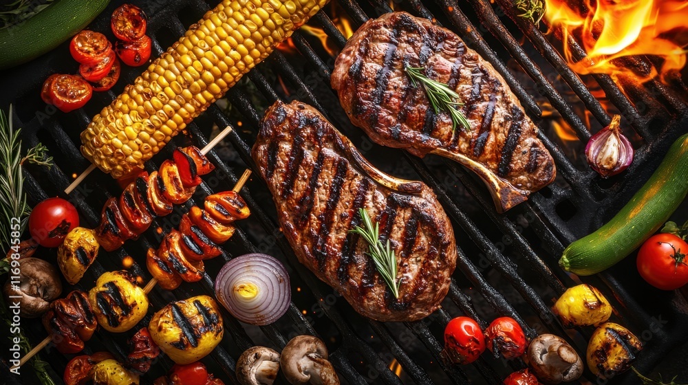 Fototapeta premium Delicious Grilled Steaks and Vegetables on a Barbecue Grill