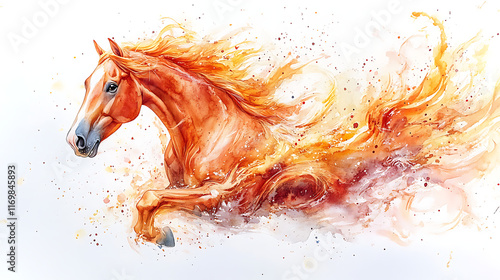 Fiery chestnut horse in motion, watercolor painting. photo