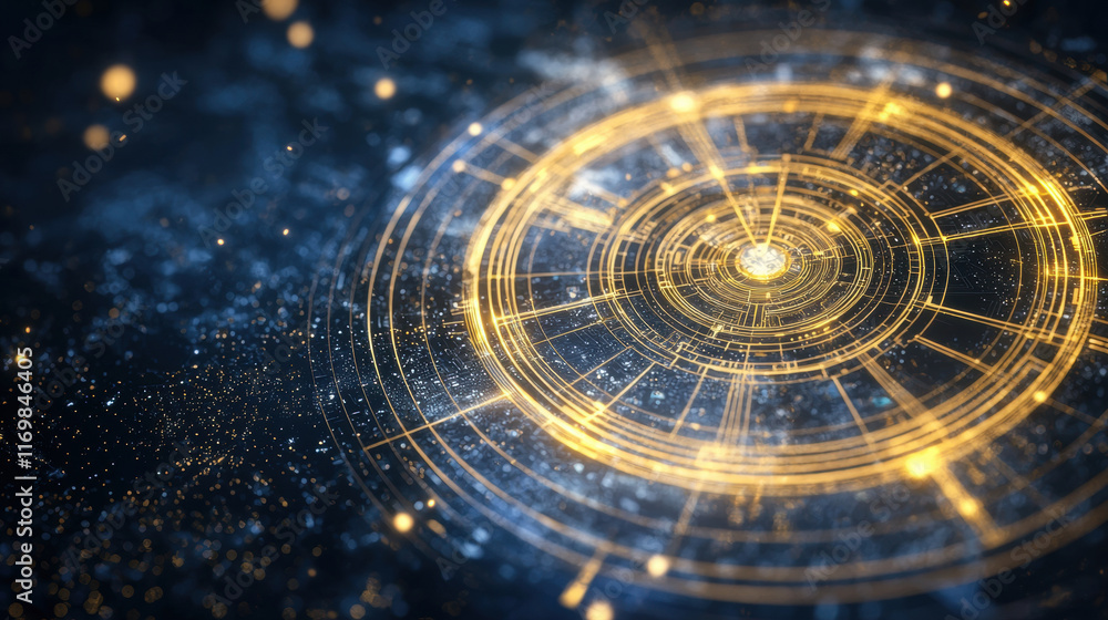 Obraz premium Golden electronic circuit design with glowing abstract patterns