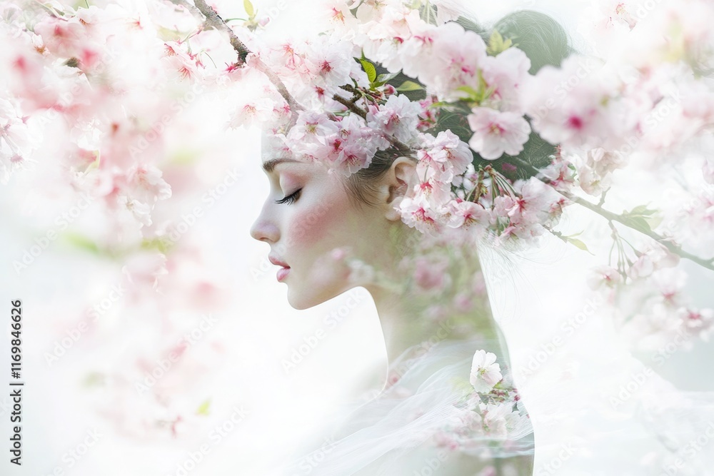 Fototapeta premium Serene woman enveloped by delicate cherry blossoms, a breathtaking display of spring's beauty.
