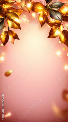 Golden leaves and sparkles create elegant border on soft pink background, Gold foil effects background.