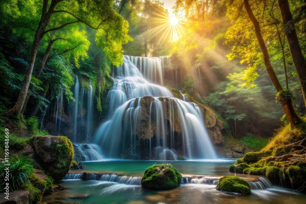 Obraz premium Cascading water thunders through lush green forests, a majestic waterfall scene.