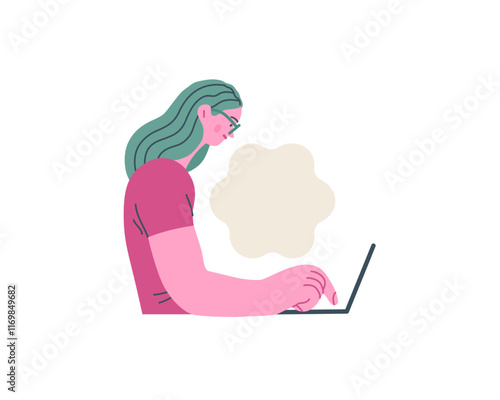 Writing people, modern flat vector concept illustration- sitting woman thoughtfully writing on laptop, bubble near head Metaphor for reflection, personal insight, contemplation, creative expression