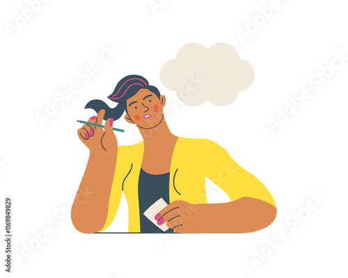 Writing people, modern flat vector concept illustration- sitting woman thoughtfully writing on paper, bubble near head Metaphor for reflection, personal insight, contemplation, creative expression