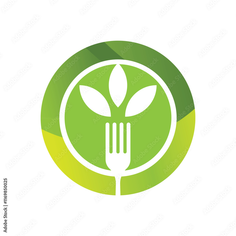 The image shows a flat monogram logo design of green round plate with a fork with three leaves in white for food related purposes’ logo The image shows a flat monogram logo design of green round plate with a fork with three leaves in white for food related purposes’ logo