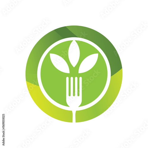 The image shows a flat monogram logo design of green round plate with a fork with three leaves in white for food related purposes’ logo 