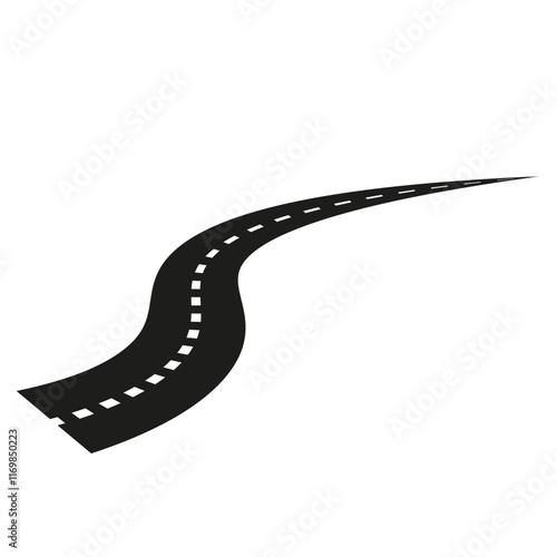 Curved road icon. Black highway design. Dashed lane marking. Simple vector illustration.