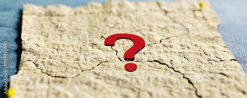 Question Mark concept. Cracked paper with a bold red question mark in the center, suggesting mystery or inquiry. photo