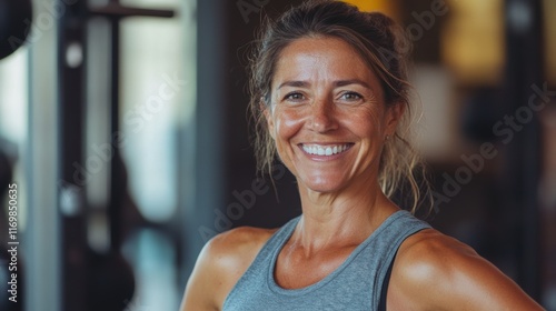 Portrait of happy female in gym after walkout training. Free Download Portrait of happy female in gym after walkout training. - GFXLoad
