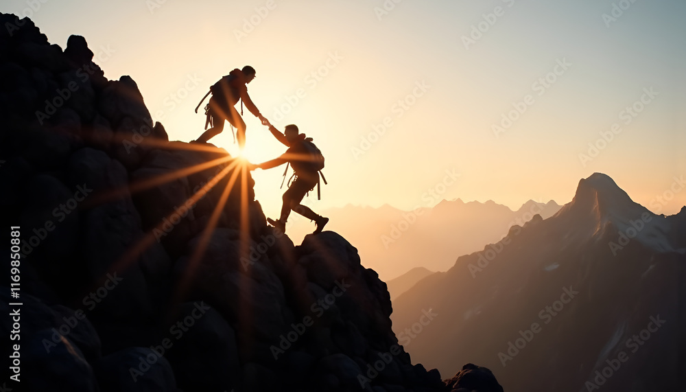 Fototapeta premium Teamwork, Hiking, Mountain Sunset Silhouette - Silhouette photogra.