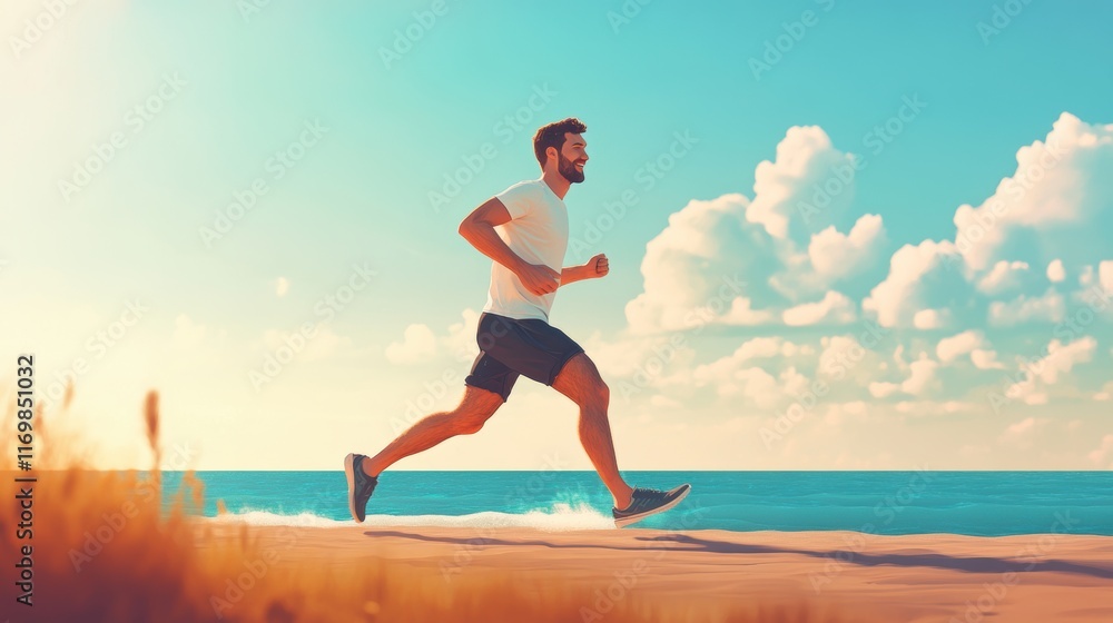 Happy runner joying on tropical sea beach Happy runner joying on tropical sea beach