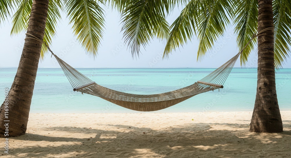Fototapeta premium Tropical beach hammock between palm trees by the ocean