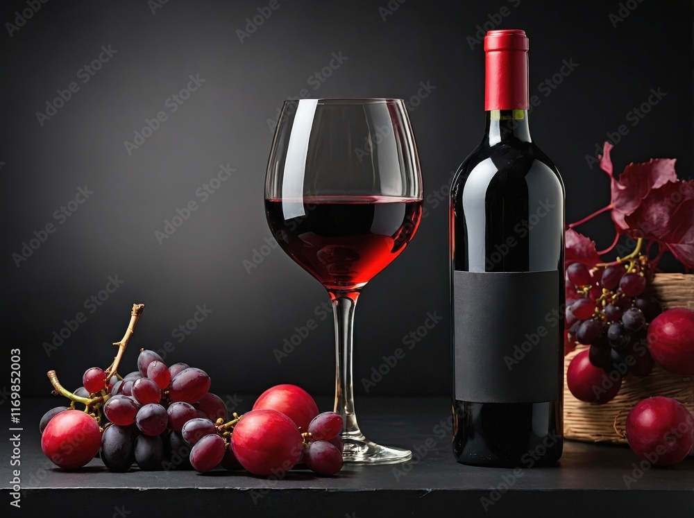 Obraz premium A sleek wine glass of red wine with its rich burgundy hue, resting on a polished black surface.