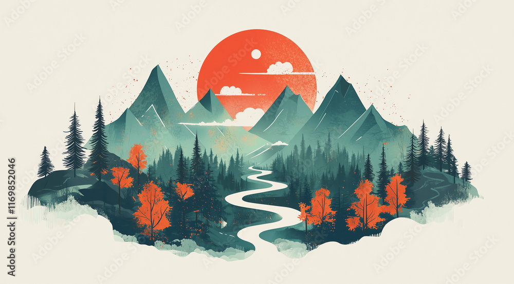 Mountain Landscape with River and Red Sun Mountain Landscape with River and Red Sun