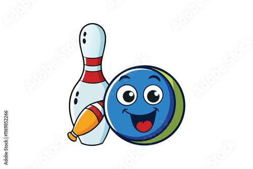 Playful illustrated bowling ball and pin character set, ideal for entertainment, sports themes, or family friendly content designs