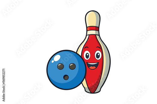 Colorful cartoon bowling ball and pin with happy expressions, showcasing fun and enjoyment for sports, games, and leisure concepts