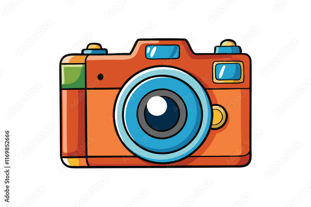 Colorful cartoon camera icon with vibrant design elements isolated on white background, perfect for educational or playful creative projects Colorful cartoon camera icon with vibrant design elements isolated on white background, perfect for educational or playful creative projects