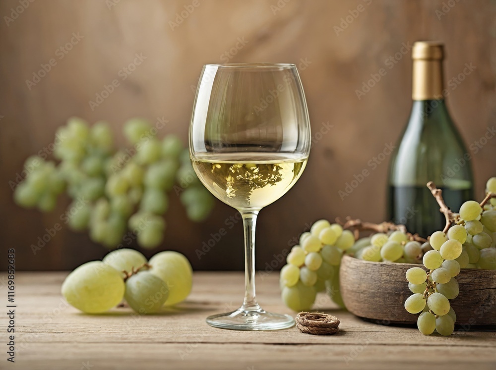 Fototapeta premium A wine glass filled with white wine sitting on a textured wooden surface with visible grain.