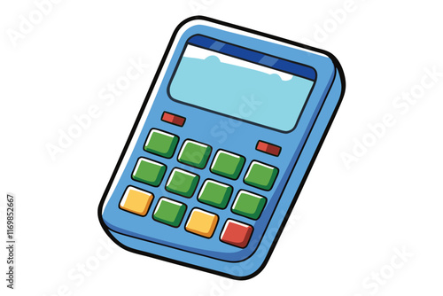 Blue cartoon calculator with colorful buttons and a digital display, creatively illustrated for educational or office related designs