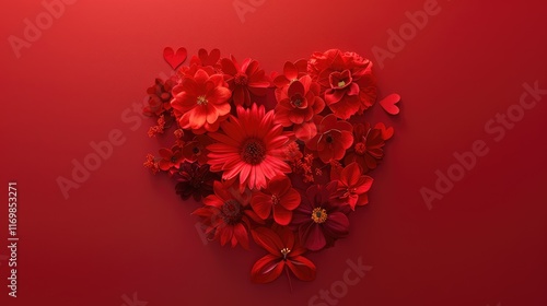 illustration of a red heart made of flowers on a red background photo