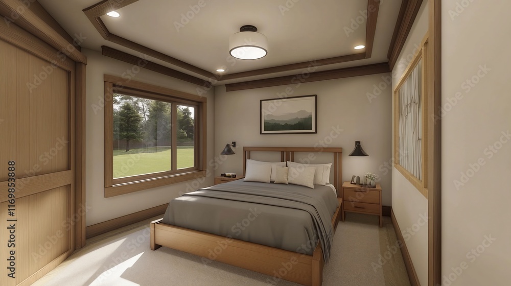 Fototapeta premium Modern Bedroom Design: Tranquil Retreat with Natural Light