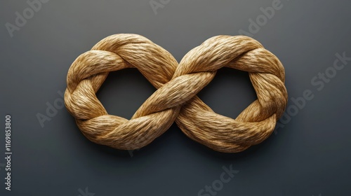 Intricate infinity symbol created by twisted and interlinked golden rope or twine showcasing a visually striking and abstract geometric design  The interlocked loops and coils form a seamless photo