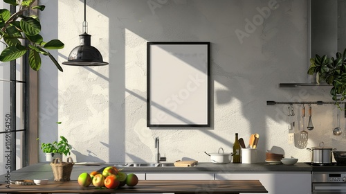 illustration of mock-up wall decor frame is hanging in minimal style kitchen photo