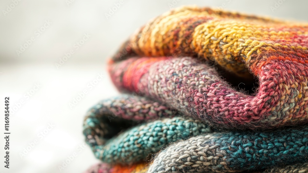 Textured hand-knitted wool blankets artistically folded and stacked, showcasing vibrant colors and intricate patterns Textured hand-knitted wool blankets artistically folded and stacked, showcasing vibrant colors and intricate patterns