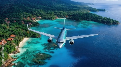 Wallpaper Mural Passenger jet soaring above a tropical island paradise aerial view aviation photography coastal environment scenic landscape Torontodigital.ca