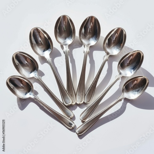 Eight tablespoons and eight teaspoons laid out in a fan shape isolated on white surface photo