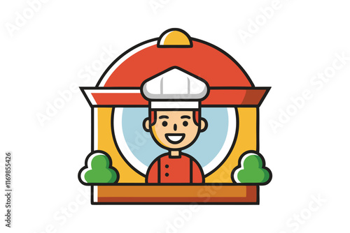 Creative vector graphic of a chef standing in a vibrant restaurant setting, ideal for culinary branding and promotional materials