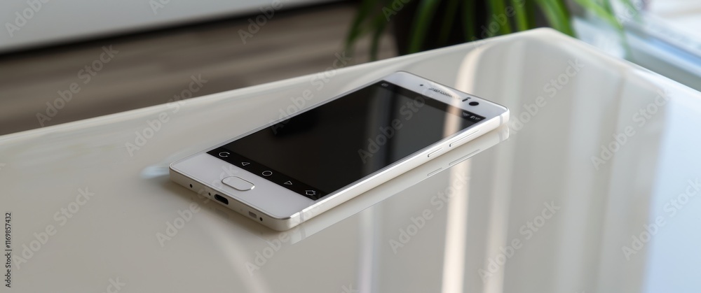 A sleek, white smartphone with a dark screen rests on a polished white table, reflecting subtly; minimal, modern aesthetic. A sleek, white smartphone with a dark screen rests on a polished white table, reflecting subtly; minimal, modern aesthetic.