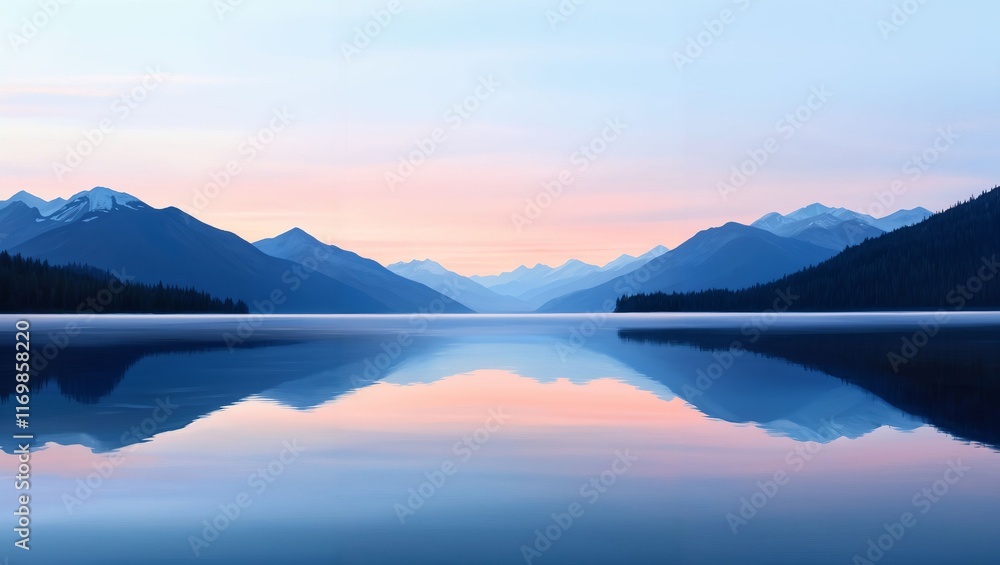 Serene reflections paint a tranquil lake at dawn, surrounded by majestic mountains under a pastel sky, inviting calm and contemplation in nature's embrace. Serene reflections paint a tranquil lake at dawn, surrounded by majestic mountains under a pastel sky, inviting calm and contemplation in nature's embrace.