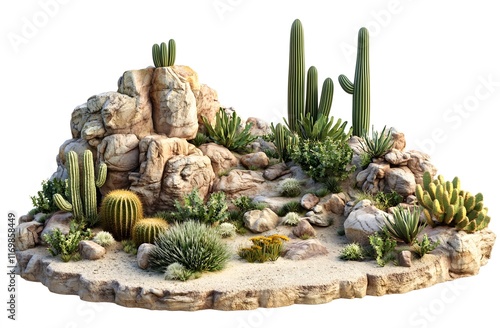 Desert Landscape Featuring Cacti and Rocks