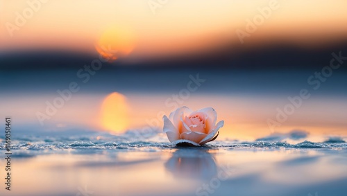 Delicate Rose Floating on Water at Sunset, Illuminated by a Warm Glow, Creates a Peaceful Atmosphere of Tranquility and Beauty in Nature, Evoking Serenity and Reflection. photo