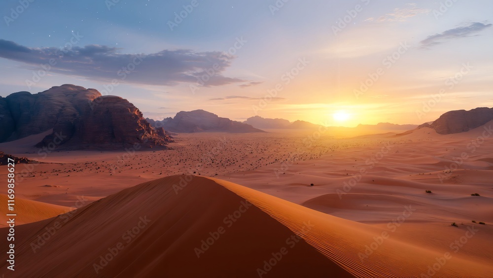 Naklejka premium A Striking Dune at Dawn: The Majestic Desert Landscape Bathed in Golden Light Invites Serenity and Contemplation Amidst Nature's Timeless Beauty and Splendor.