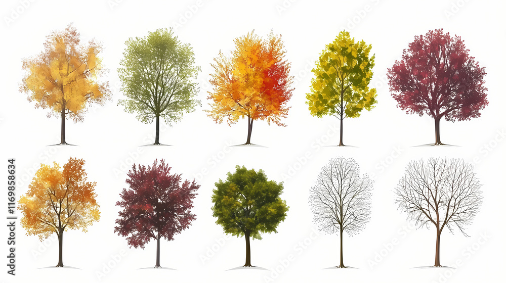 Fototapeta premium Various deciduous trees silhouettes on the white background. Evergreen. Illustration