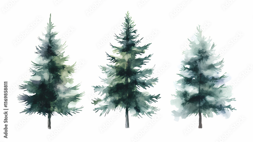 Watercolor christmas fir tree template isolated on white background. wild forest scetch. hand drawn natural element. landscape object for woodland design. Evergreen. Illustration Watercolor christmas fir tree template isolated on white background. wild forest scetch. hand drawn natural element. landscape object for woodland design. Evergreen. Illustration