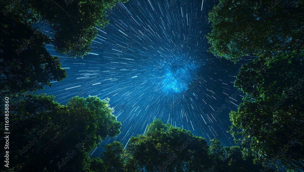 Fototapeta premium A breathtaking view of a starry night sky emerging through a dense forest, where vibrant stars move in streams, illuminating the cosmic beauty above and surrounding foliage.