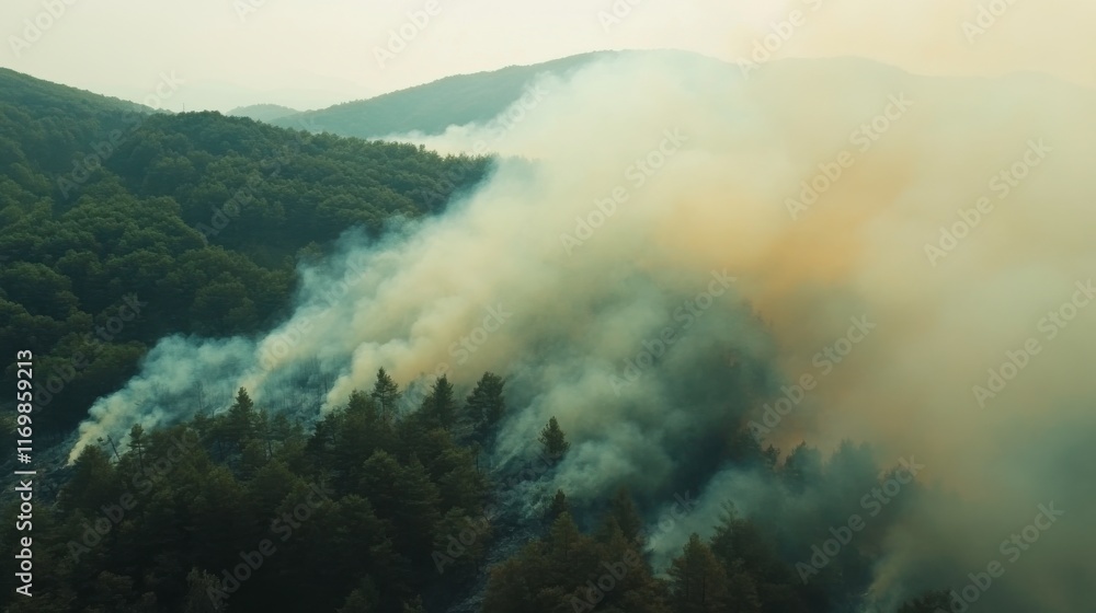 Fototapeta premium Smoky Forest Scene with Charred Landscape
