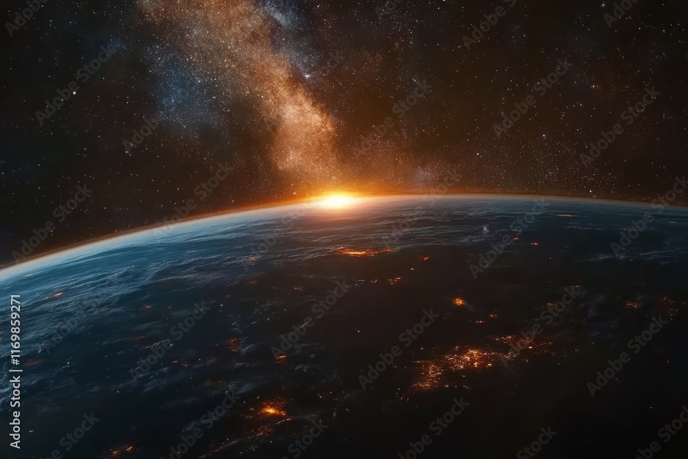 Fototapeta premium A view of the Earth from space, glowing with blue and orange light in the center of the scene, representing the sunrise over the planet.