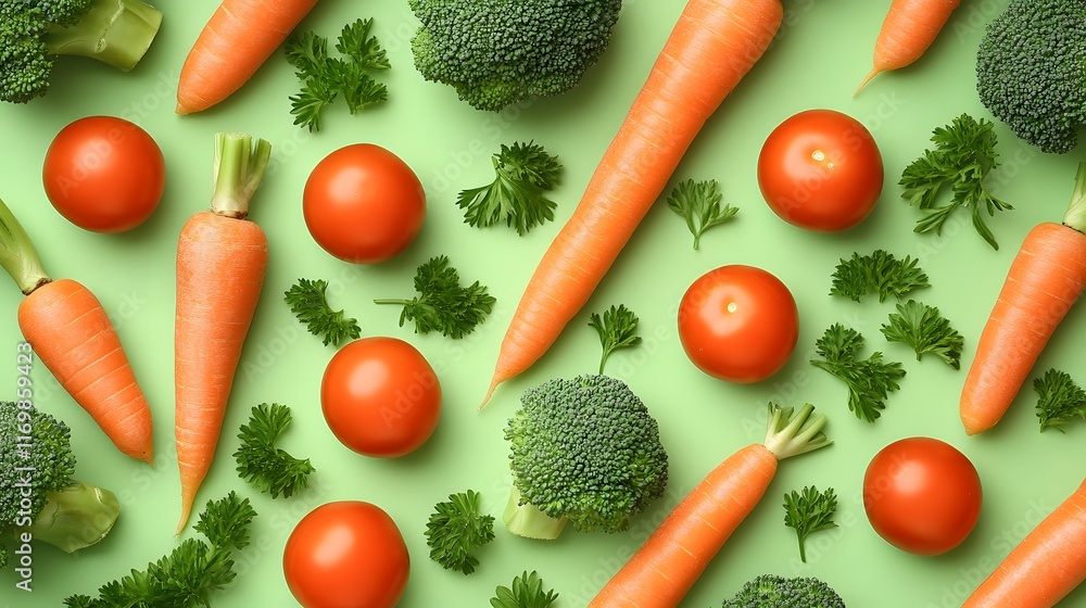 Fresh vegetables like orange carrots, green broccoli, and red tomatoes are arranged in a flat lay composition on a mint green background, highlighting healthy food concepts. Fresh vegetables like orange carrots, green broccoli, and red tomatoes are arranged in a flat lay composition on a mint green background, highlighting healthy food concepts.